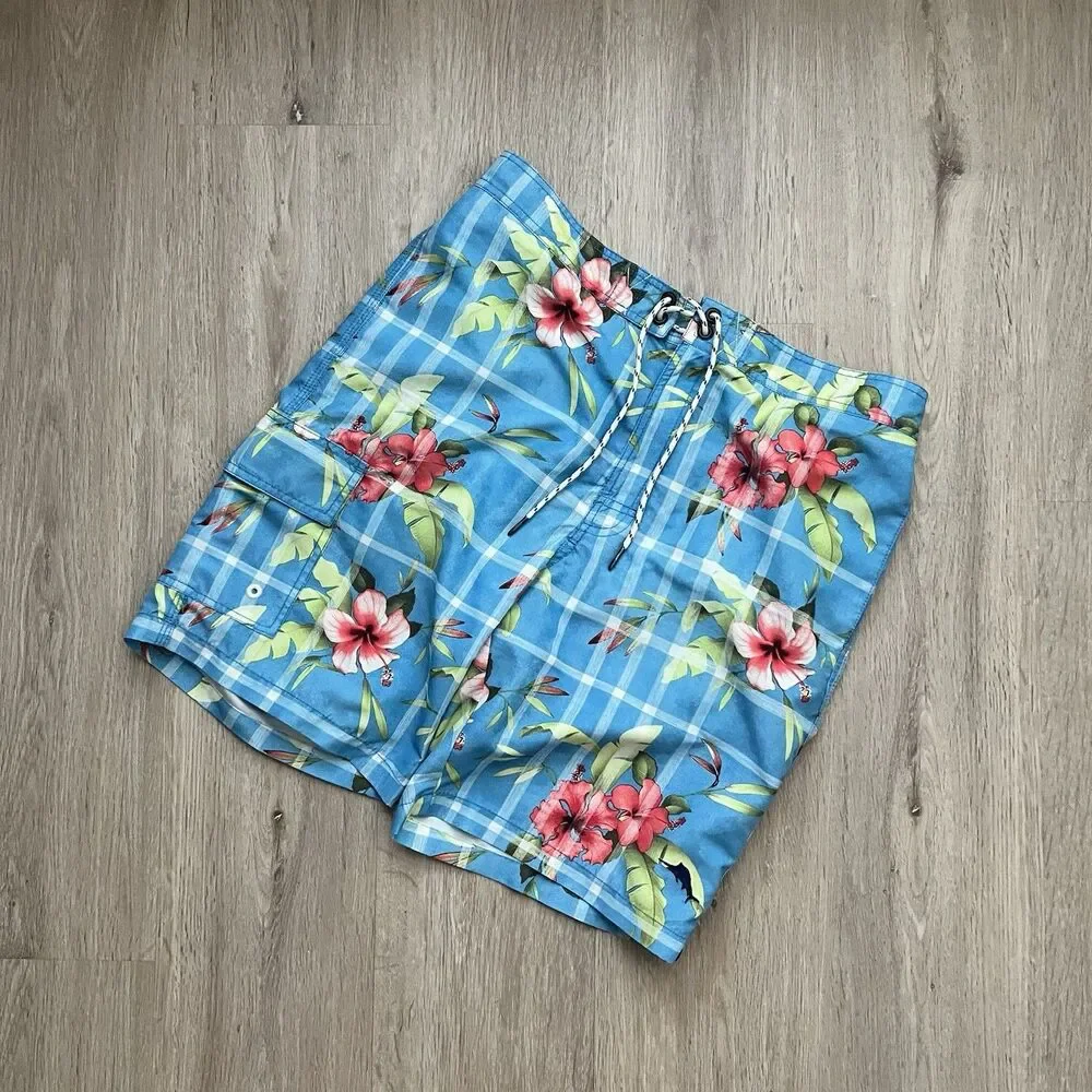 Tommy Bahama Board Shorts Swim Trunks Mens Size M Relax Blue Tropical Floral 9'